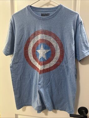 Marvel Men’s Captain America Shield Tee - Light Blue with Red & White
